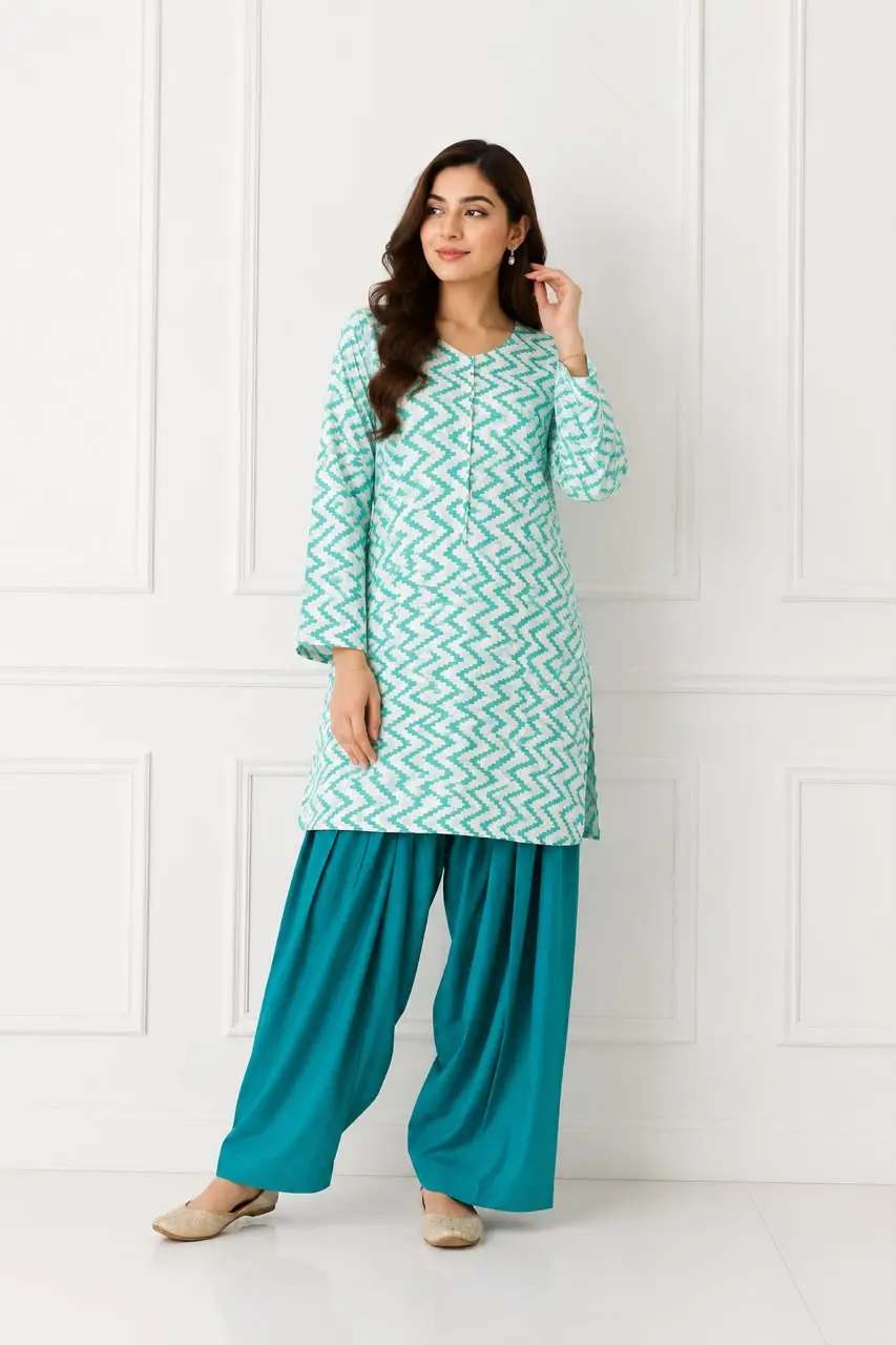 3Pcs Women's Stitched Cotton Lawn Block Printed Suit with Farshi Shalwar