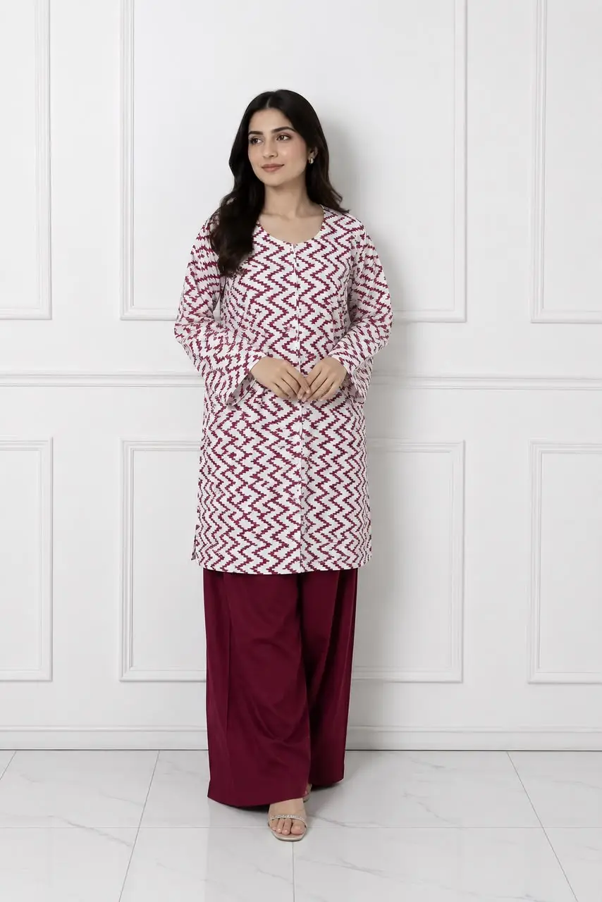 3Pcs Women's Stitched Cotton Lawn Block Printed Suit with Farshi Shalwar