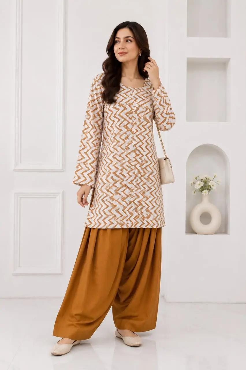 3Pcs Women's Stitched Cotton Lawn Block Printed Suit with Farshi Shalwar