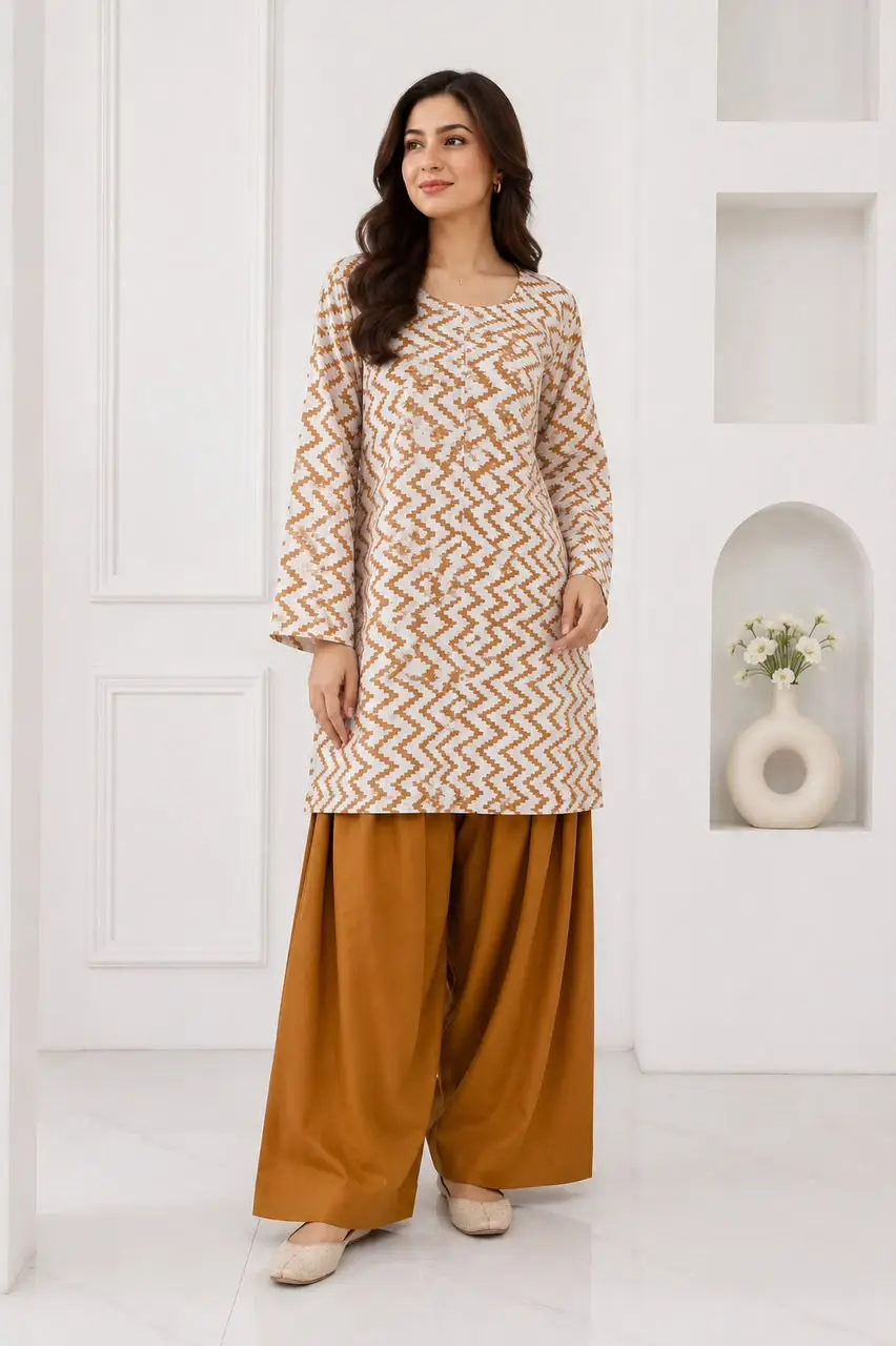 3Pcs Women's Stitched Cotton Lawn Block Printed Suit with Farshi Shalwar