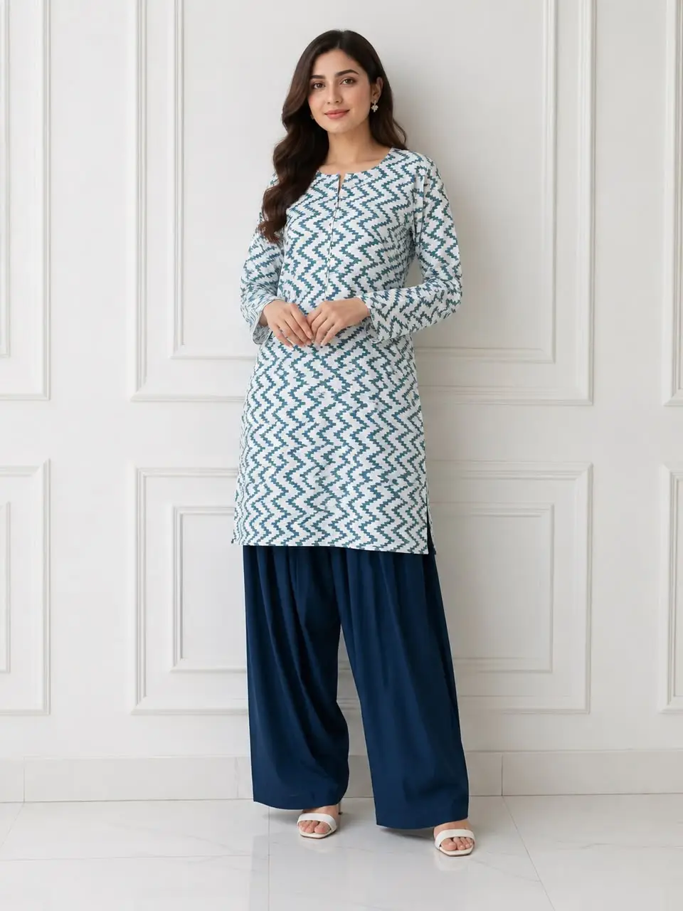 3Pcs Women's Stitched Cotton Lawn Block Printed Suit with Farshi Shalwar