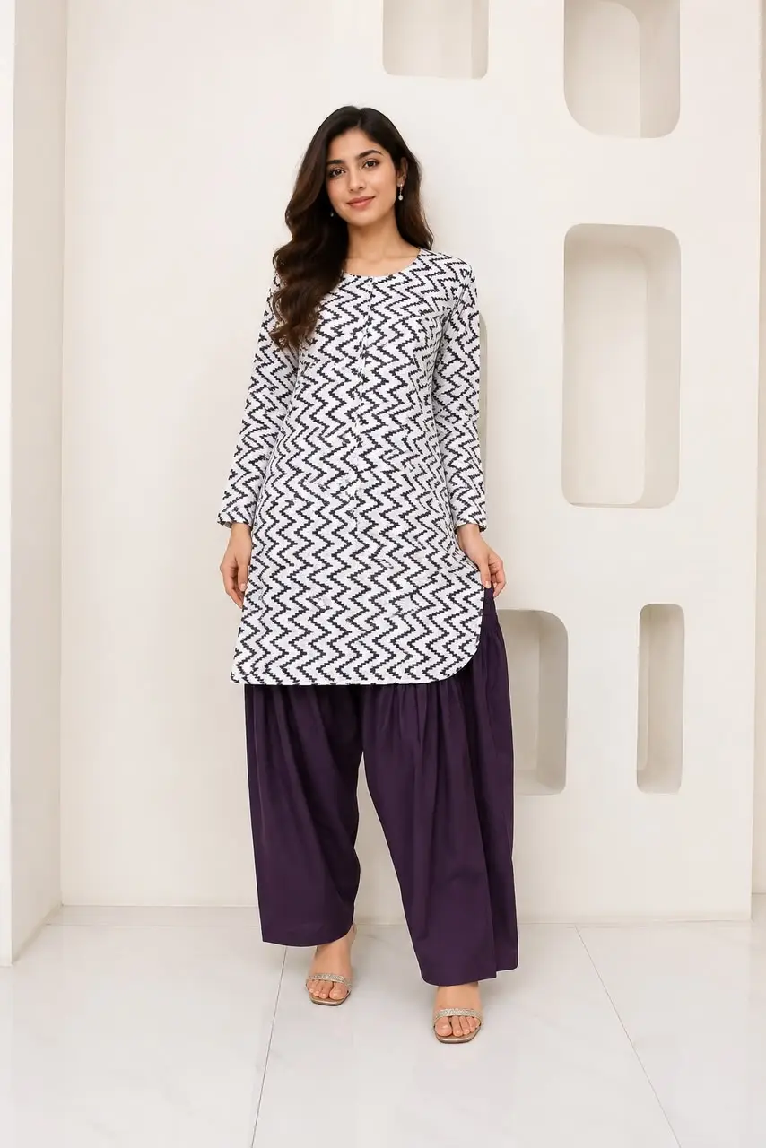 3Pcs Women's Stitched Cotton Lawn Block Printed Suit with Farshi Shalwar