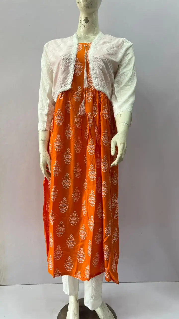 3Pcs Women's Stitched Linen Block Printed Suit with Koti