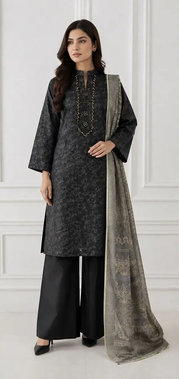 3Pcs Women's Stitched Cotton Embroidered Suit with Handmade Neck