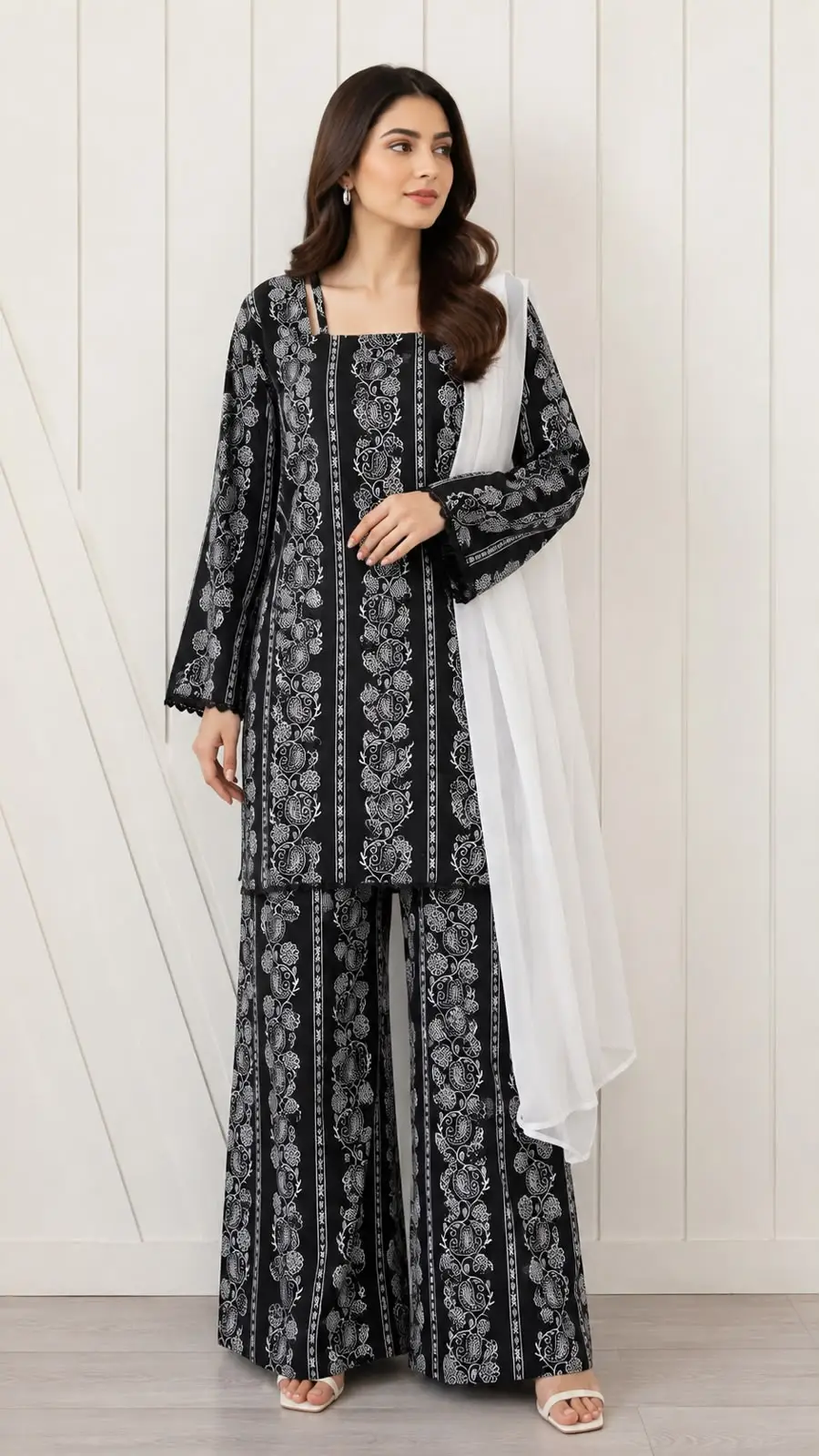 3Pcs Women's Stitched Cotton Lawn Block Printed Suit with Printed Straps