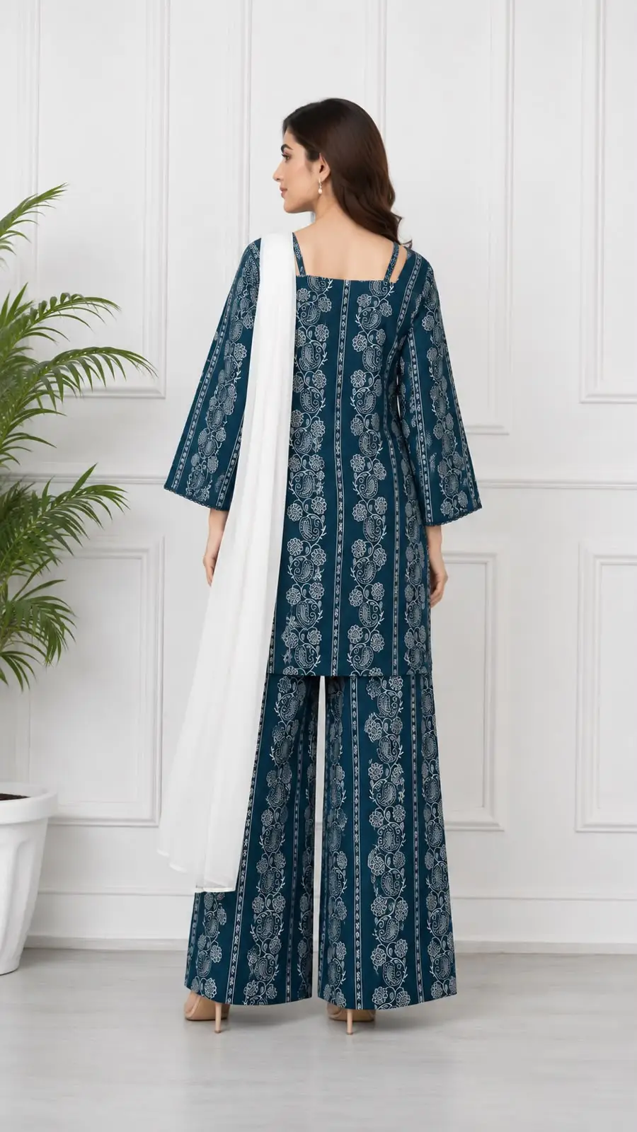 3Pcs Women's Stitched Cotton Lawn Block Printed Suit with Printed Straps