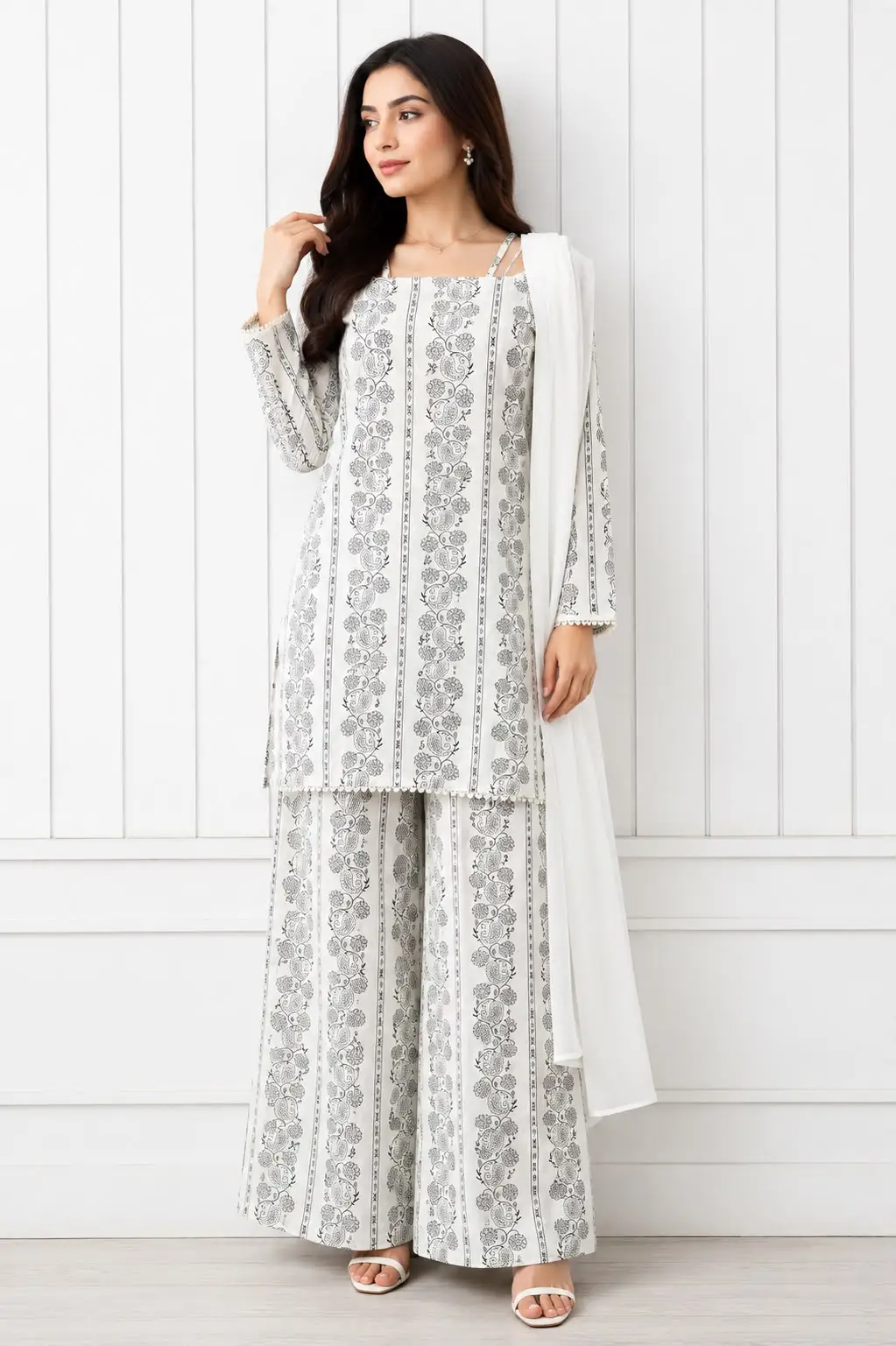 3Pcs Women's Stitched Cotton Lawn Block Printed Suit with Printed Straps