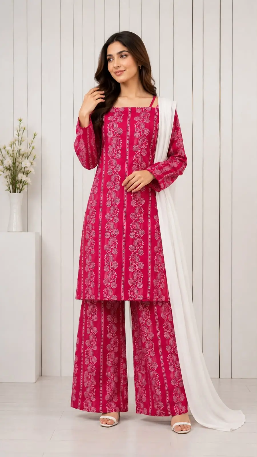 3Pcs Women's Stitched Cotton Lawn Block Printed Suit with Printed Straps