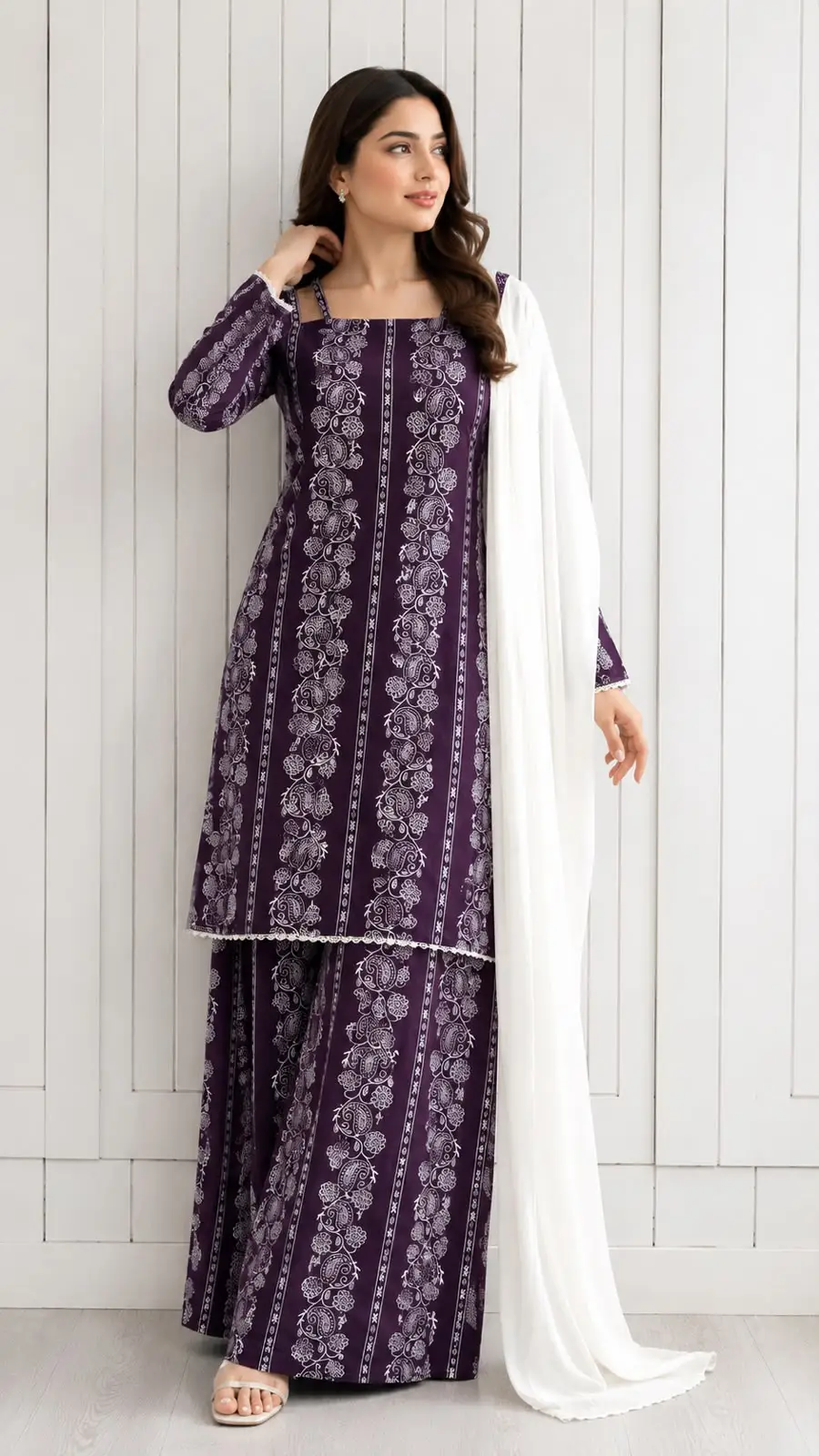 3Pcs Women's Stitched Cotton Lawn Block Printed Suit with Printed Straps