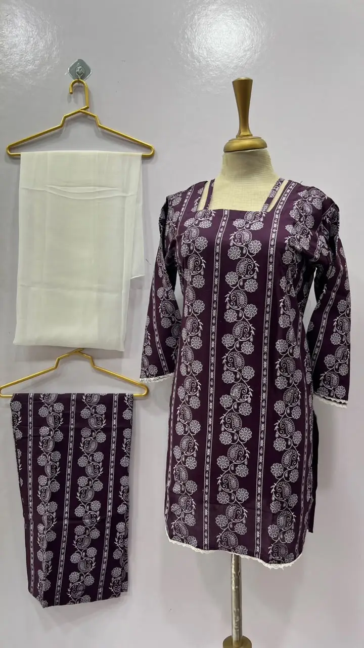 3Pcs Women's Stitched Cotton Lawn Block Printed Suit with Printed Straps