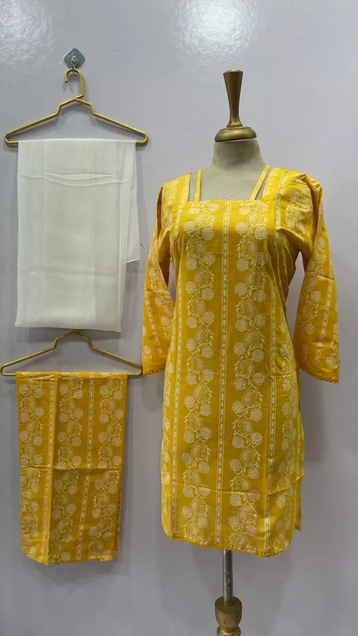 3Pcs Women's Stitched Cotton Lawn Block Printed Suit with Printed Straps