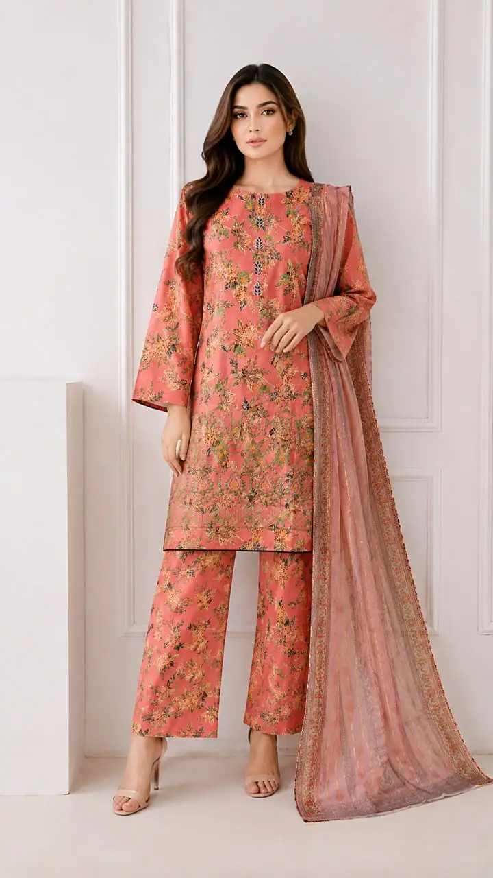 3Pcs Women's Stitched Lawn Embroidered Suit with Printed Shawl