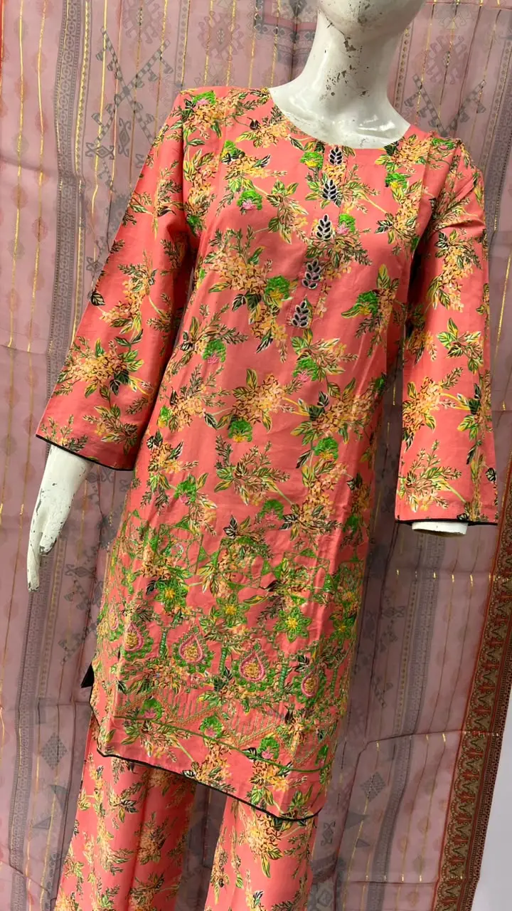3Pcs Women's Stitched Lawn Embroidered Suit with Printed Shawl
