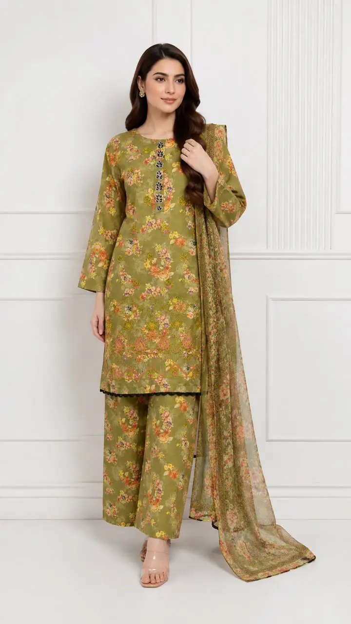 3Pcs Women's Stitched Lawn Embroidered Suit with Printed Shawl