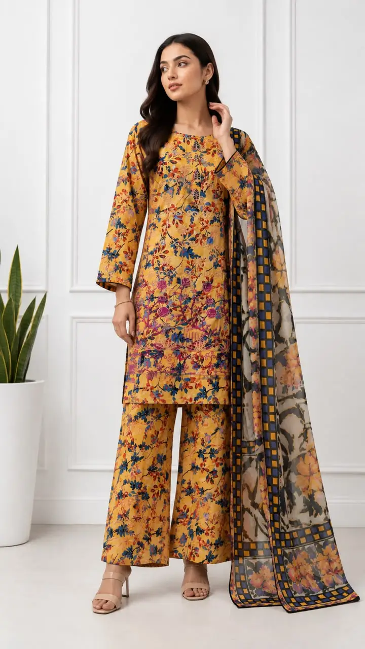 3Pcs Women's Stitched Lawn Embroidered Suit with Printed Shawl
