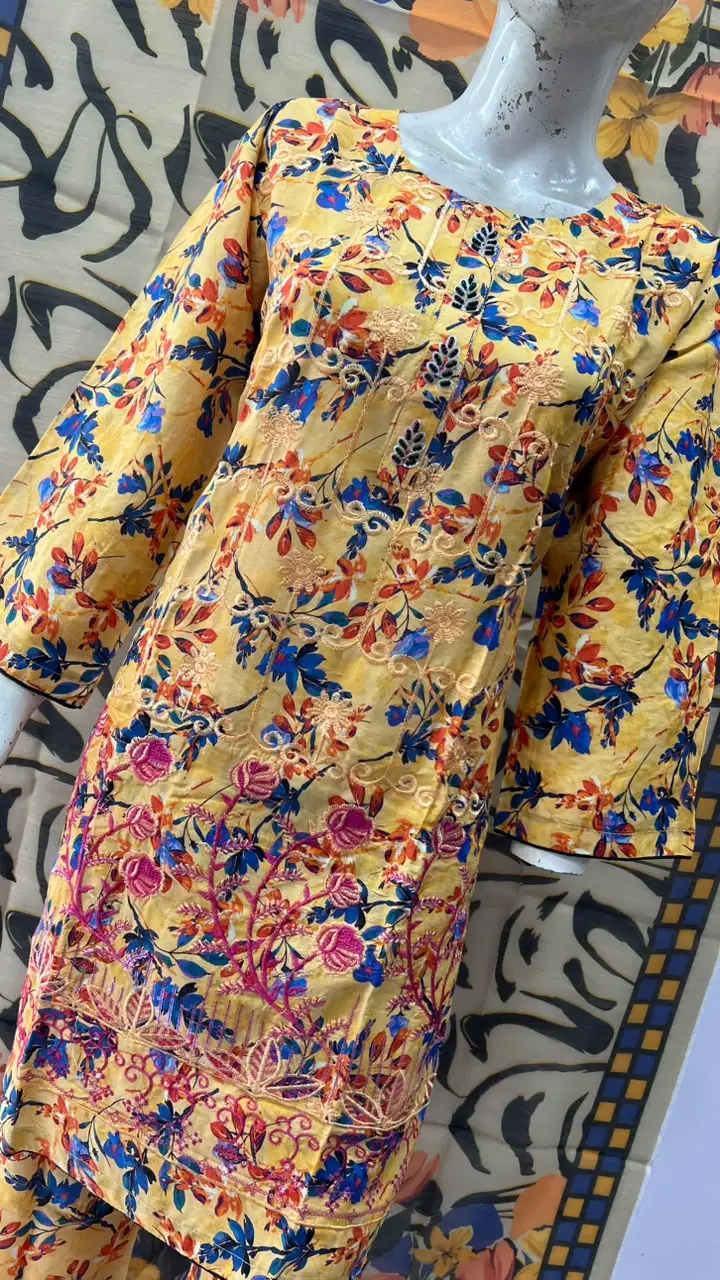 3Pcs Women's Stitched Lawn Embroidered Suit with Printed Shawl