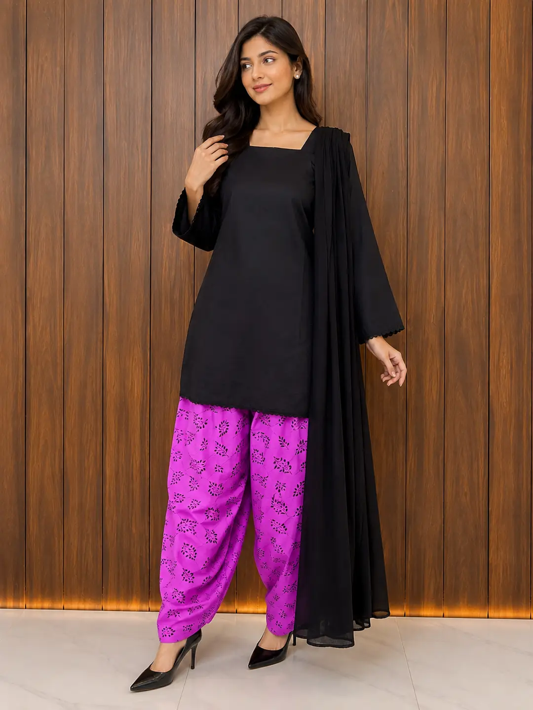 3 Pcs Women's Stitched Cotton Printed Suit with Farshi Shalwar and Dupatta