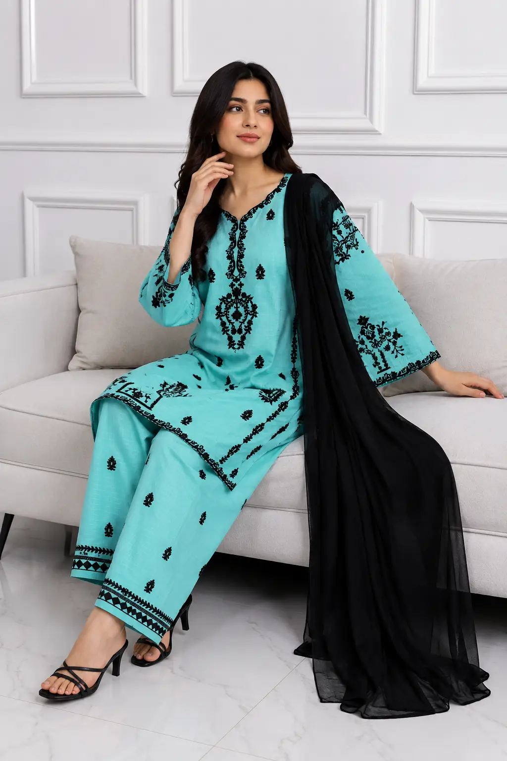 3 Pcs Women's Stitched Cotton Embroidered Suit