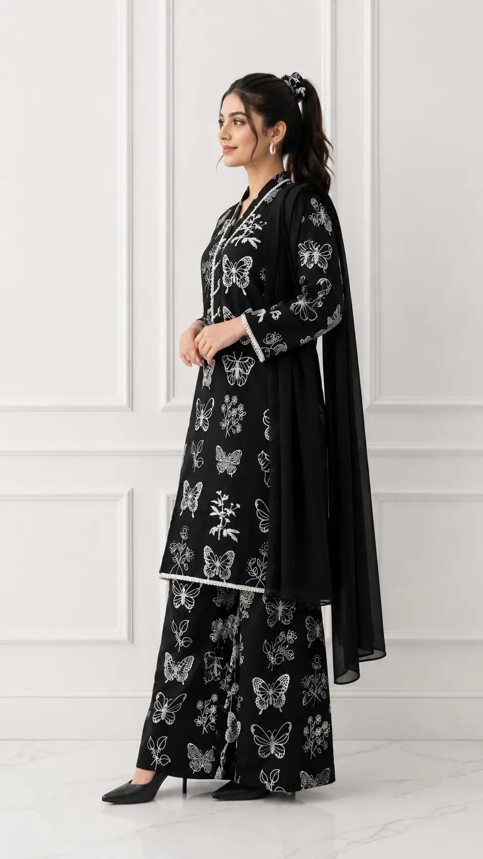 4Pcs Women's Stitched Linen Printed Suit with FREE scrunchie