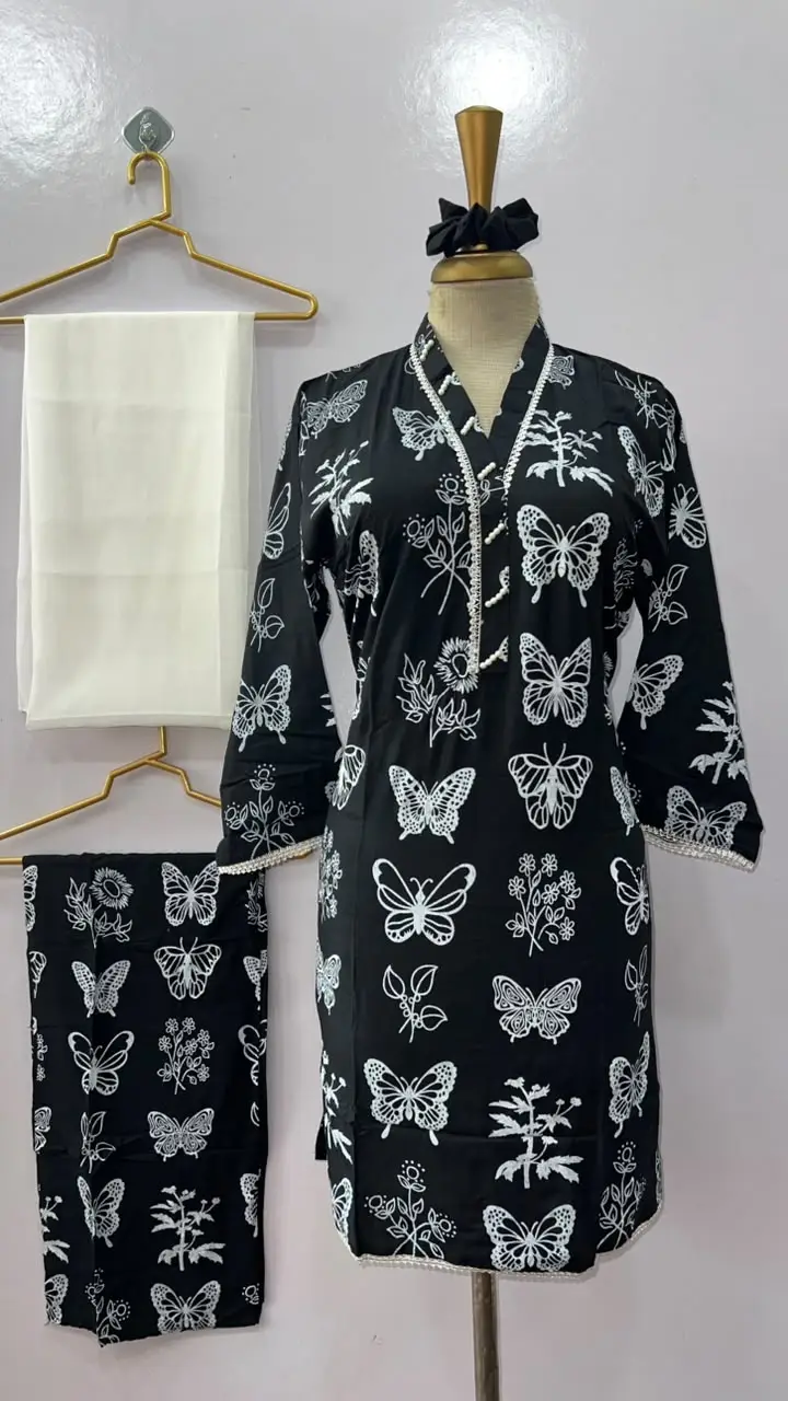 4Pcs Women's Stitched Linen Printed Suit with FREE scrunchie
