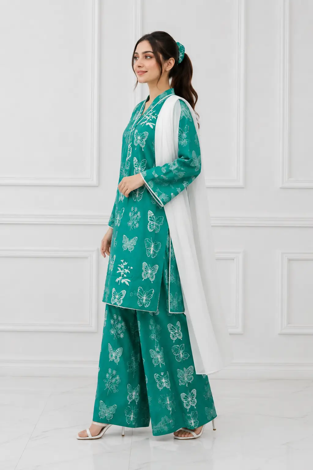 4Pcs Women's Stitched Linen Printed Suit with FREE scrunchie