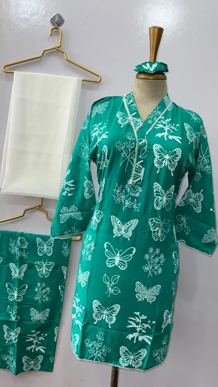 4Pcs Women's Stitched Linen Printed Suit with FREE scrunchie