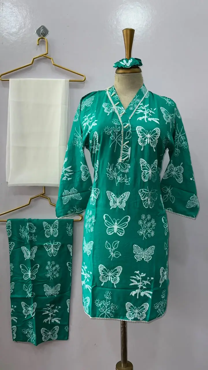 4Pcs Women's Stitched Linen Printed Suit with FREE scrunchie