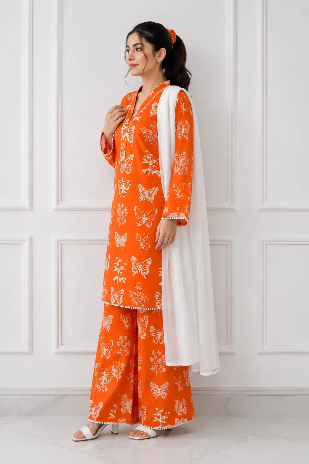 4Pcs Women's Stitched Linen Printed Suit with FREE scrunchie