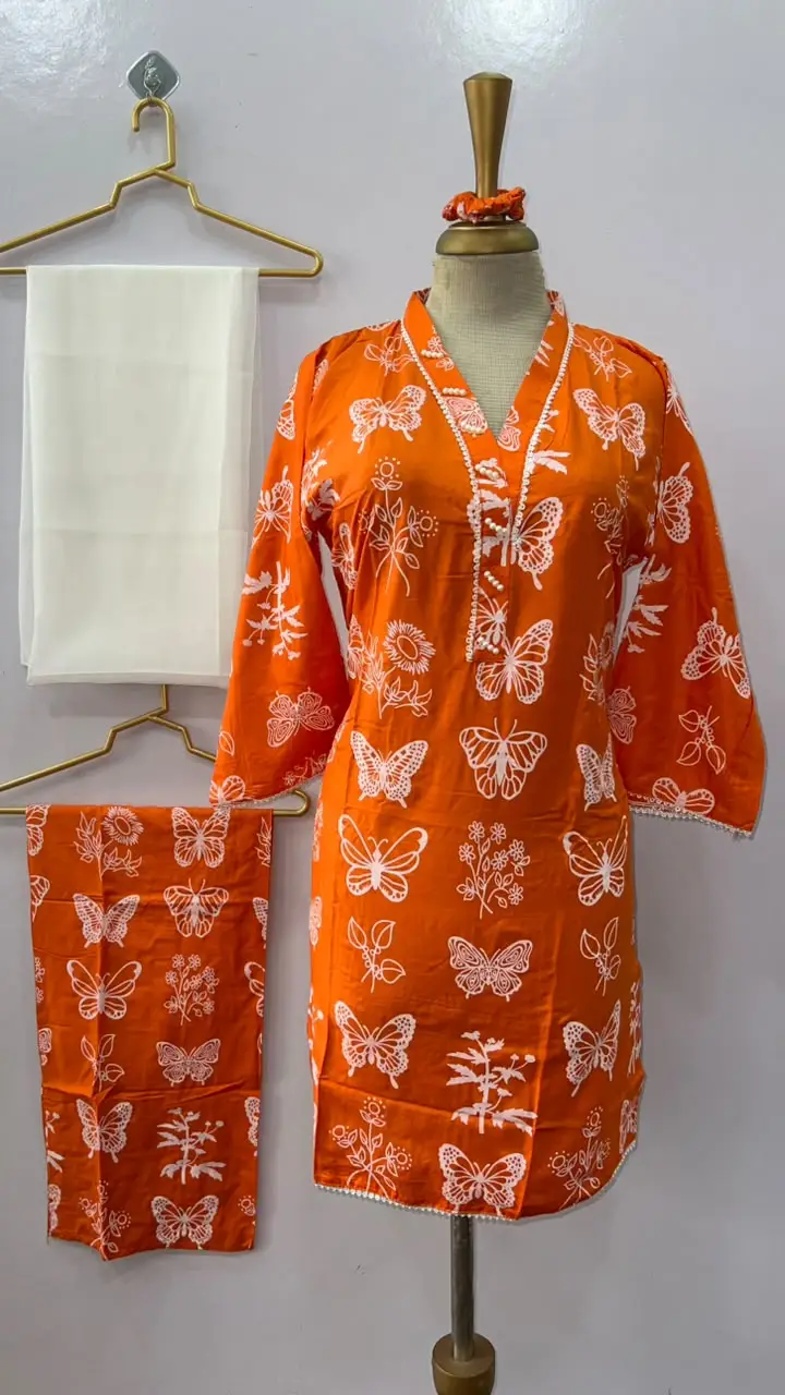4Pcs Women's Stitched Linen Printed Suit with FREE scrunchie