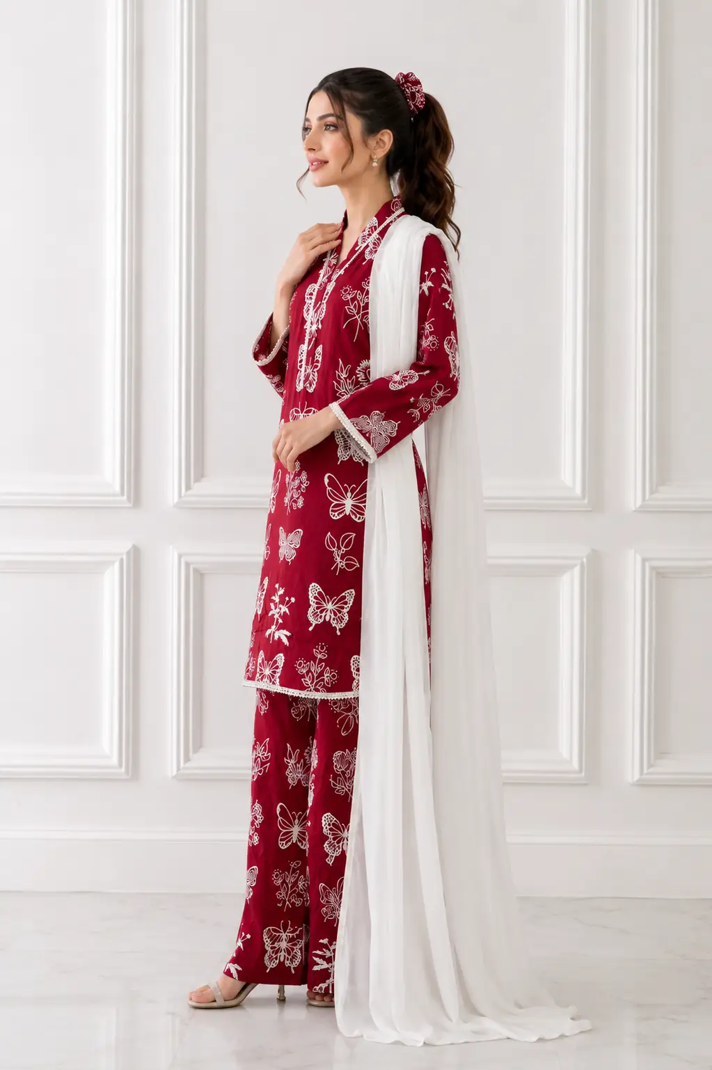 4Pcs Women's Stitched Linen Printed Suit with FREE scrunchie