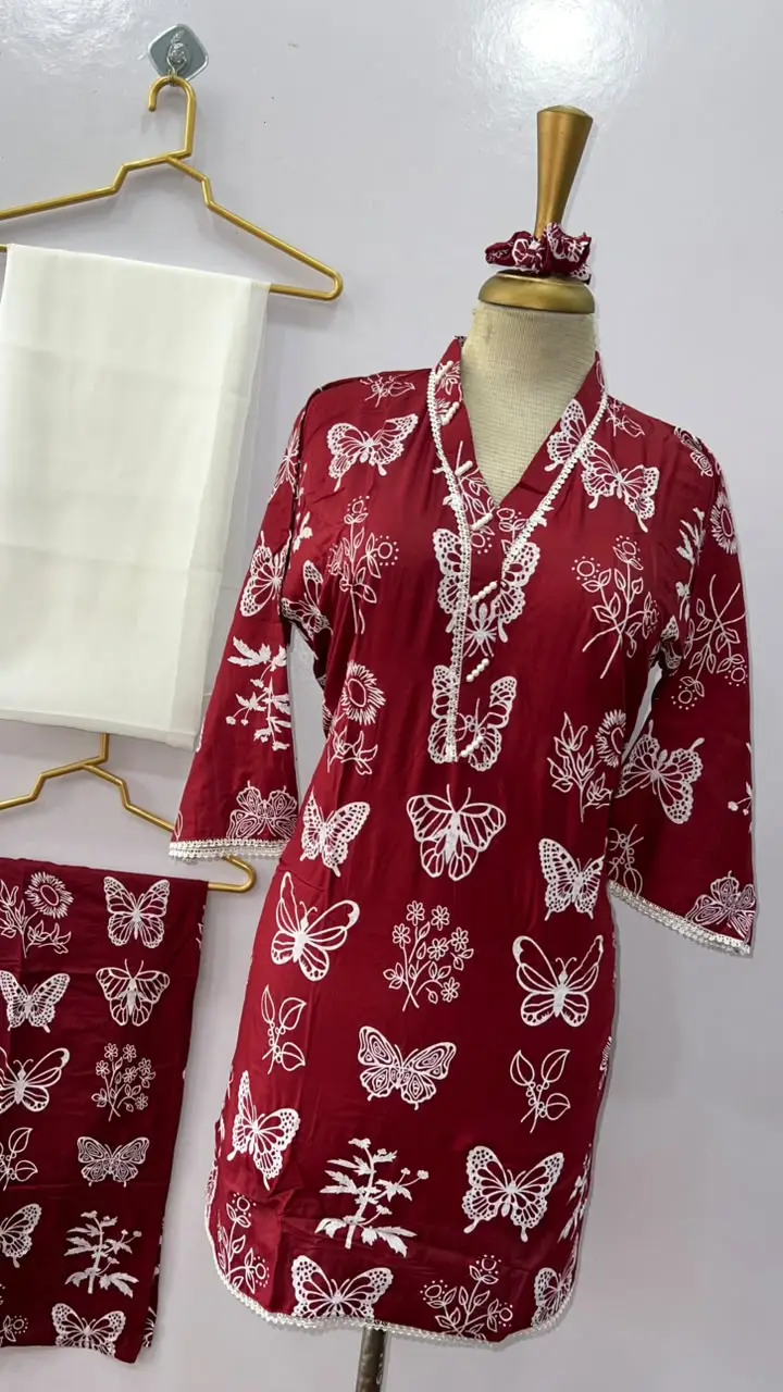 4Pcs Women's Stitched Linen Printed Suit with FREE scrunchie