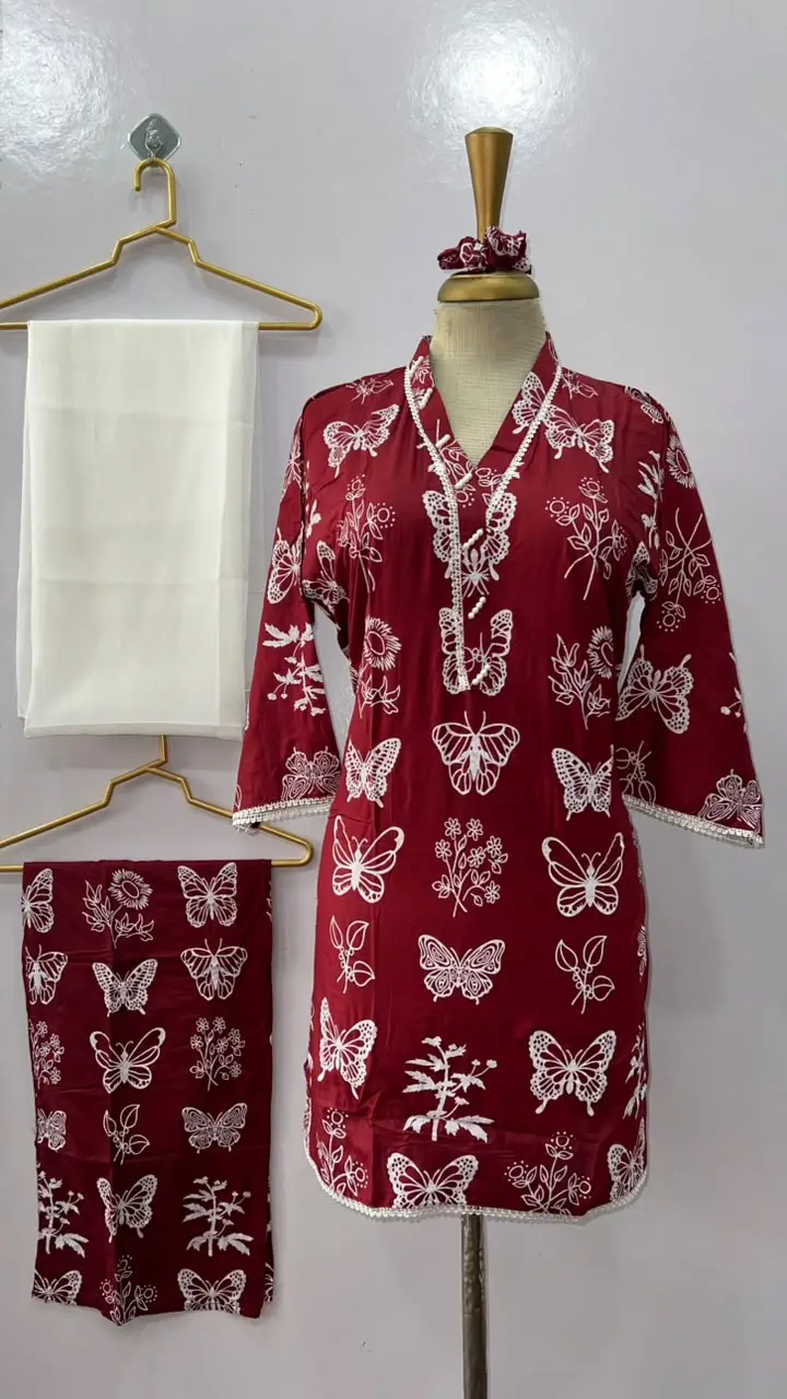 4Pcs Women's Stitched Linen Printed Suit with FREE scrunchie