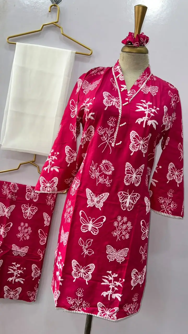 4Pcs Women's Stitched Linen Printed Suit with FREE scrunchie