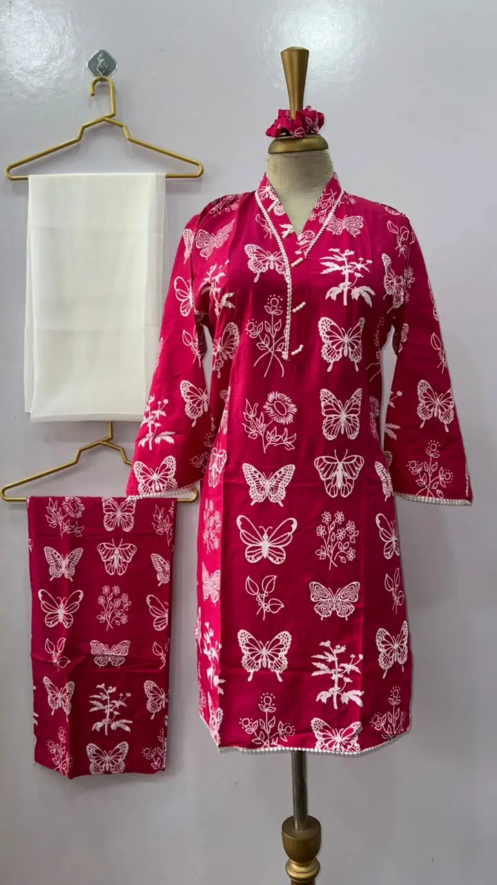4Pcs Women's Stitched Linen Printed Suit with FREE scrunchie