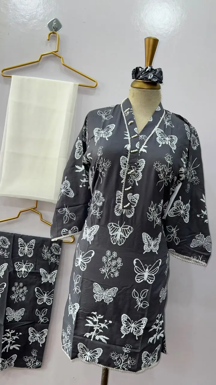 4Pcs Women's Stitched Linen Printed Suit with FREE scrunchie