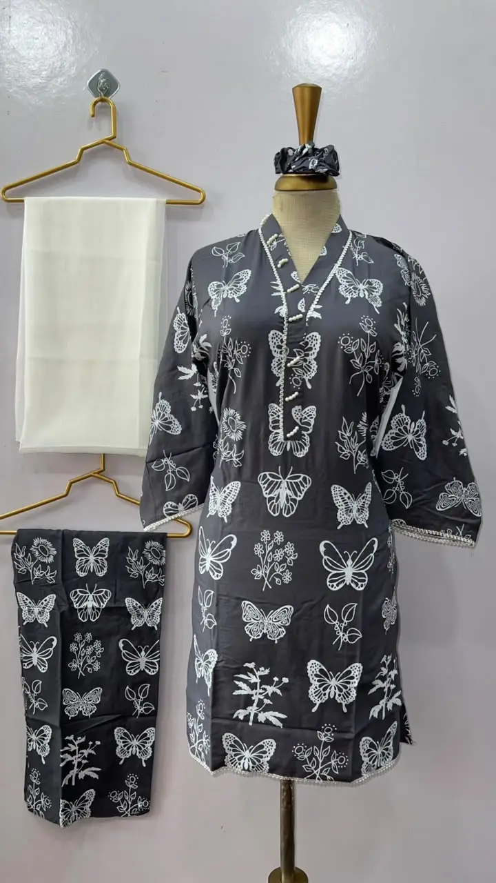 4Pcs Women's Stitched Linen Printed Suit with FREE scrunchie