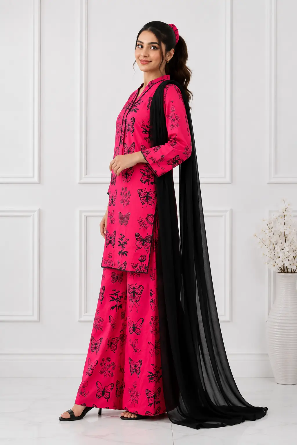 4Pcs Women's Stitched Linen Printed Suit with FREE scrunchie