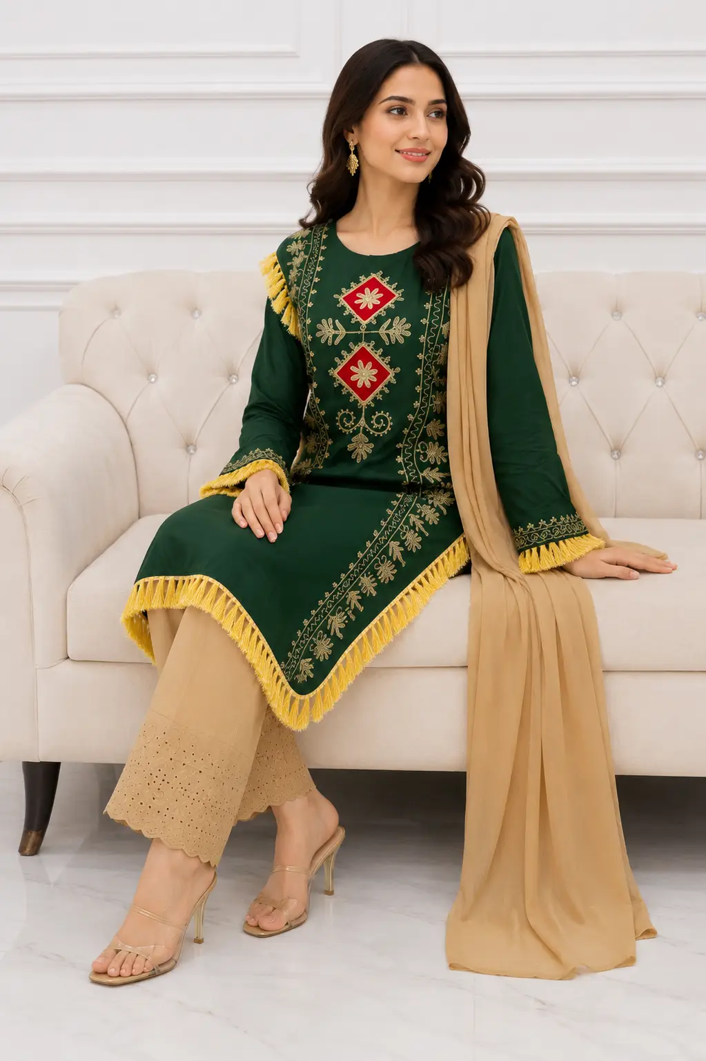 3 Pcs Women's Stitched Linen Hand Embroidered Suit