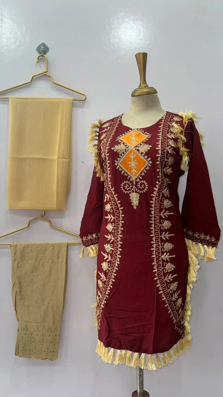 3 Pcs Women's Stitched Linen Hand Embroidered Suit