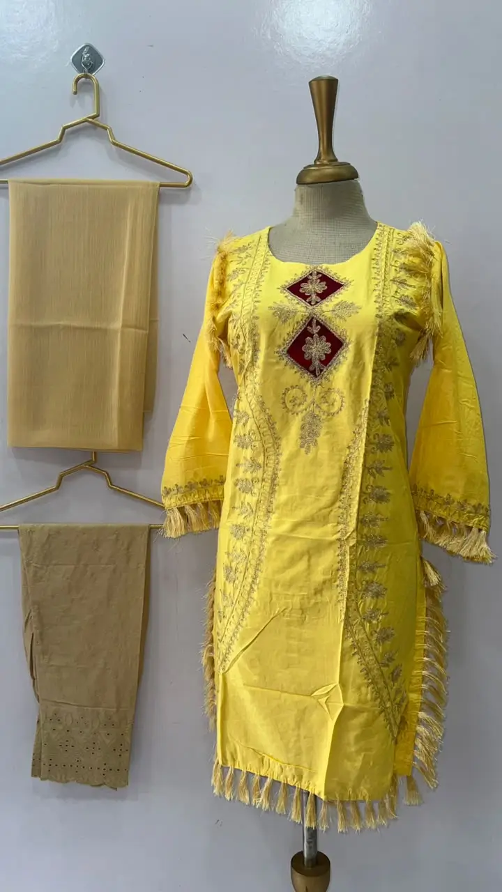 3 Pcs Women's Stitched Linen Hand Embroidered Suit