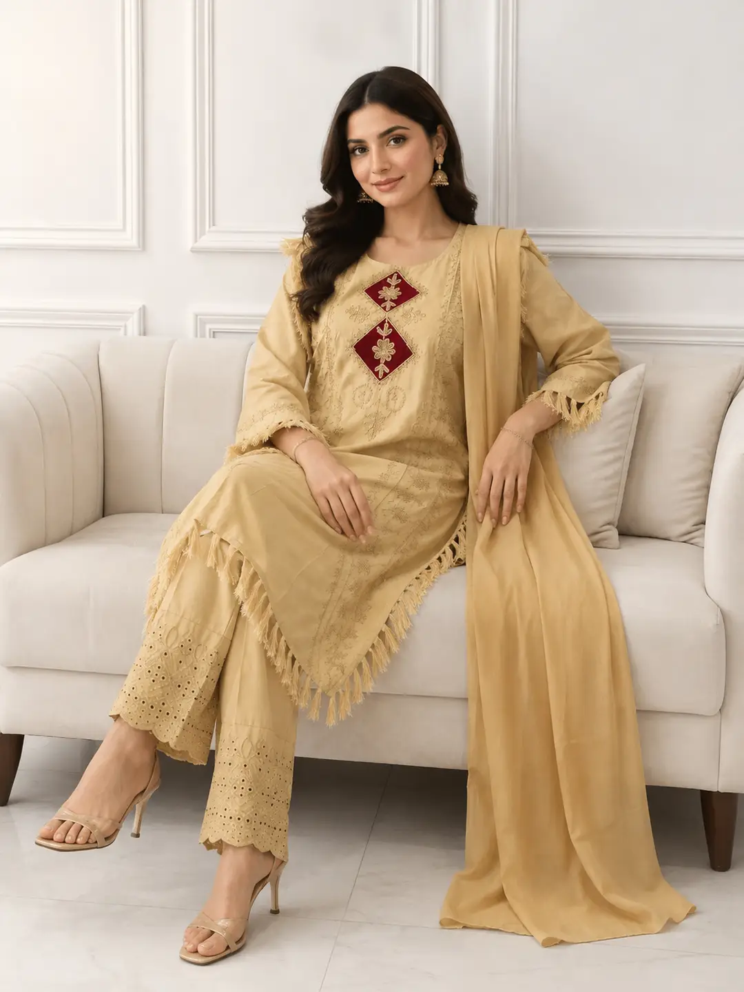 3 Pcs Women's Stitched Linen Hand Embroidered Suit