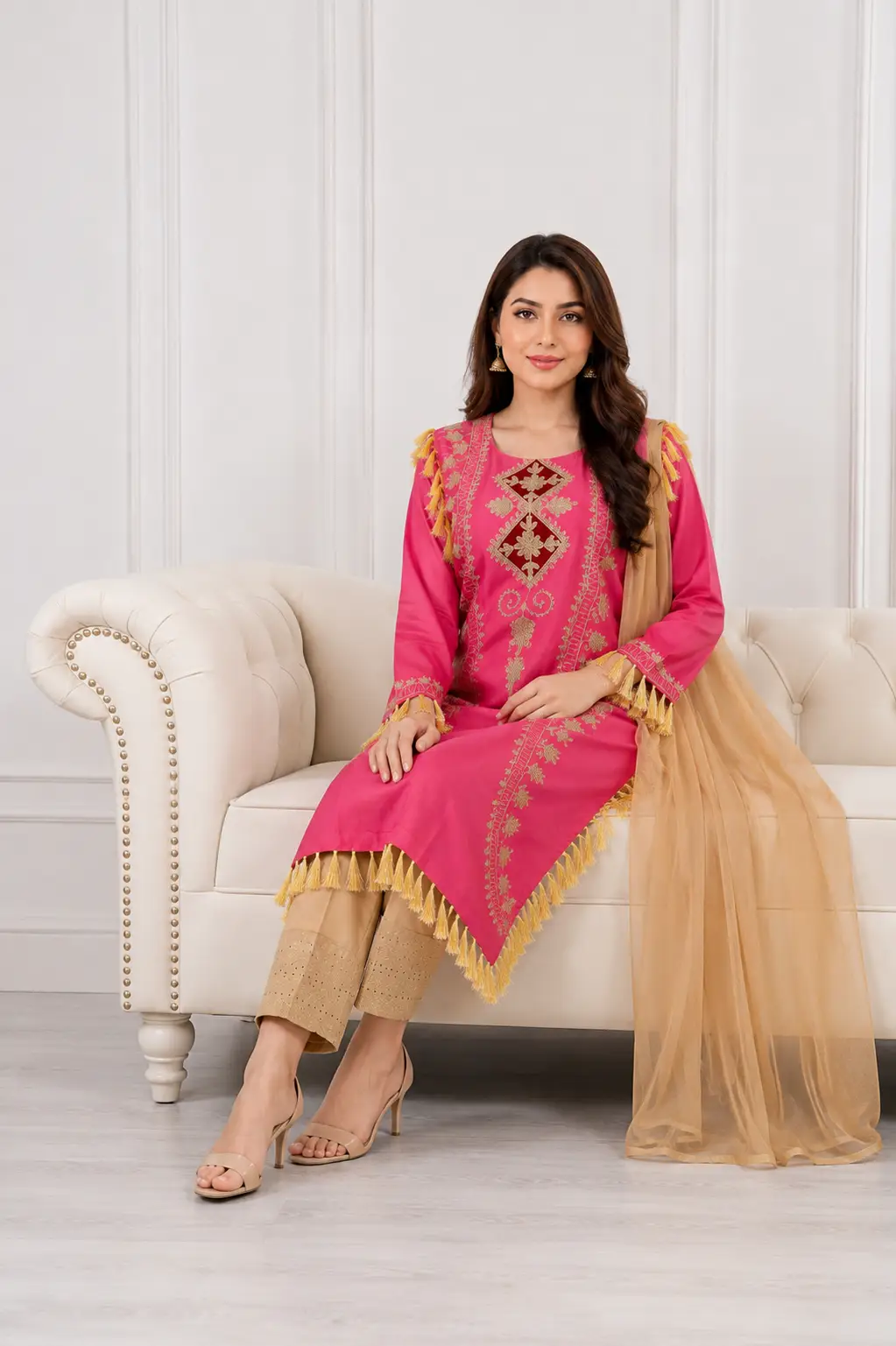3 Pcs Women's Stitched Linen Hand Embroidered Suit