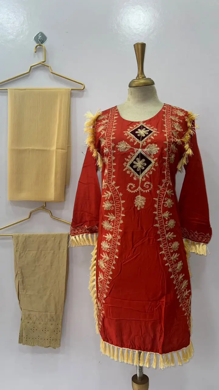 3 Pcs Women's Stitched Linen Hand Embroidered Suit