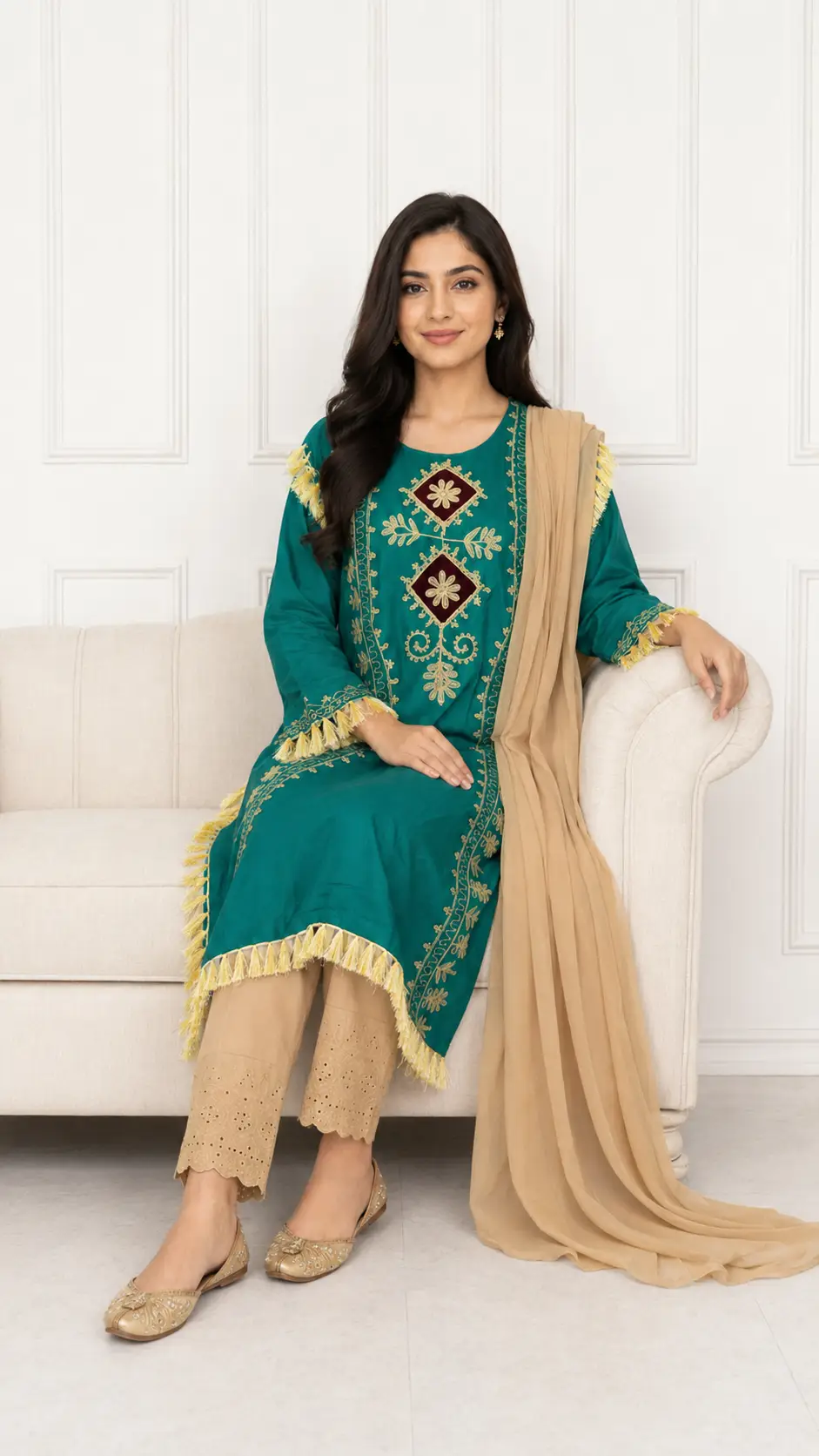 3 Pcs Women's Stitched Linen Hand Embroidered Suit