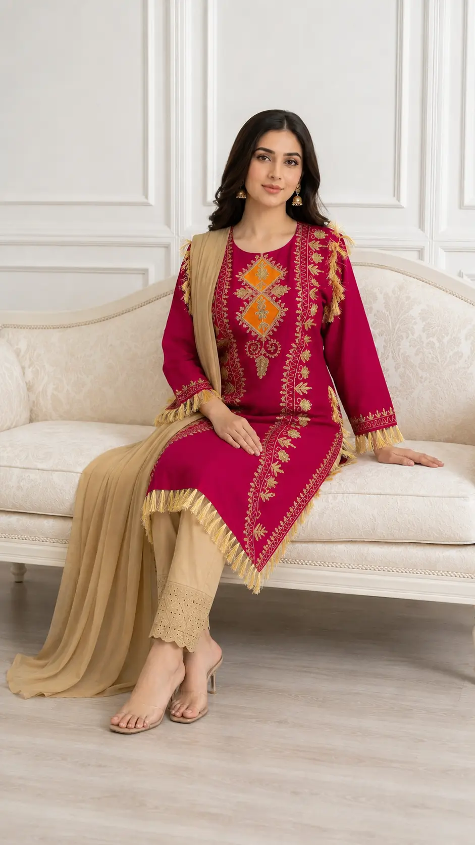 3 Pcs Women's Stitched Linen Hand Embroidered Suit