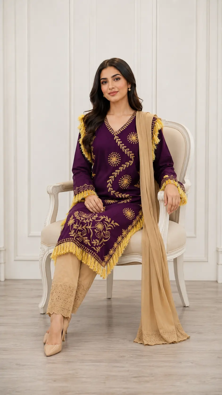 3 Pcs Women's Stitched Linen Hand Embroidered Suit