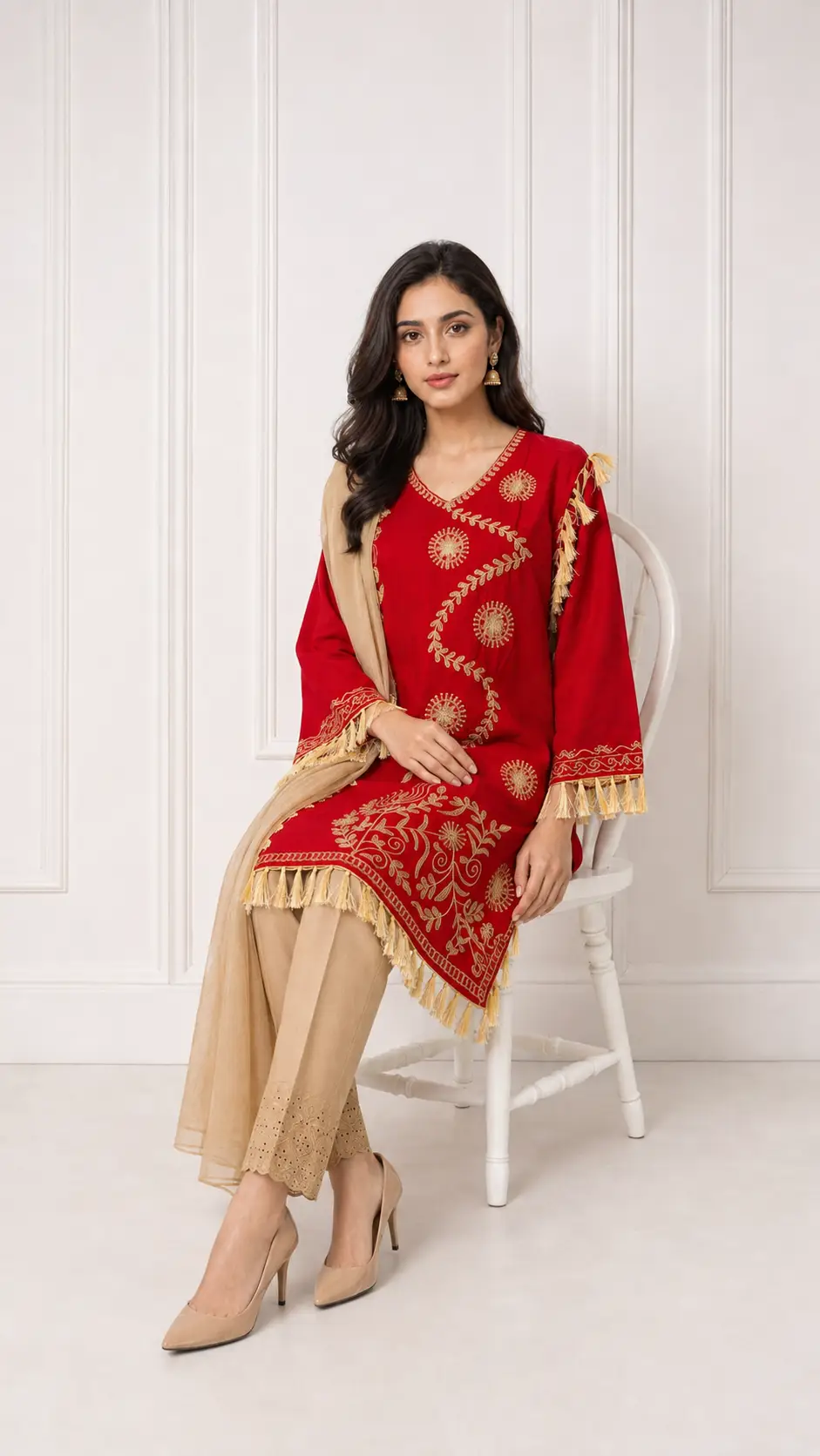 3 Pcs Women's Stitched Linen Hand Embroidered Suit