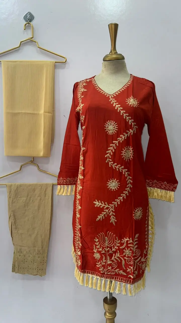 3 Pcs Women's Stitched Linen Hand Embroidered Suit