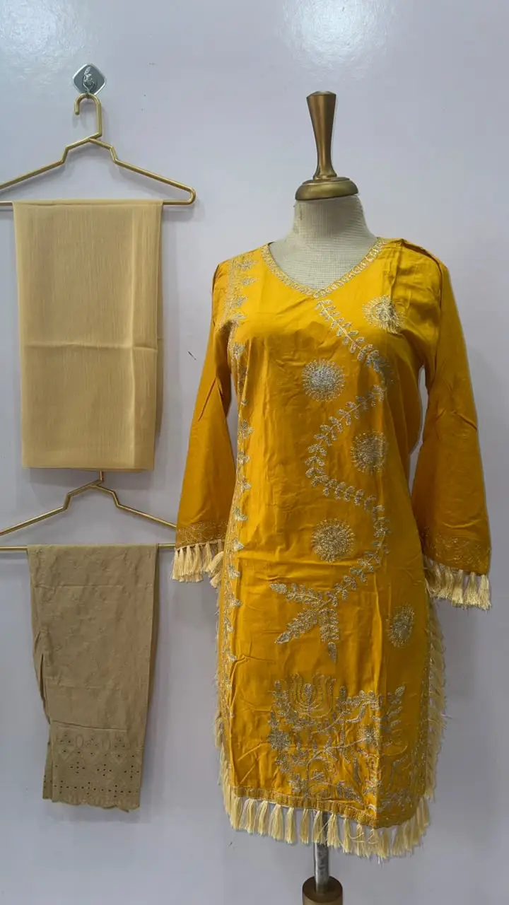 3 Pcs Women's Stitched Linen Hand Embroidered Suit