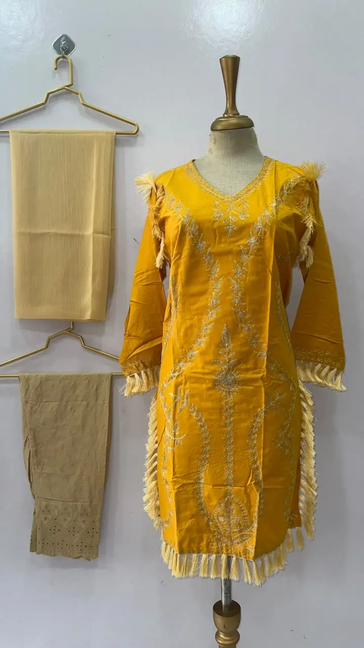 3 Pcs Women's Stitched Linen Hand Embroidered Suit